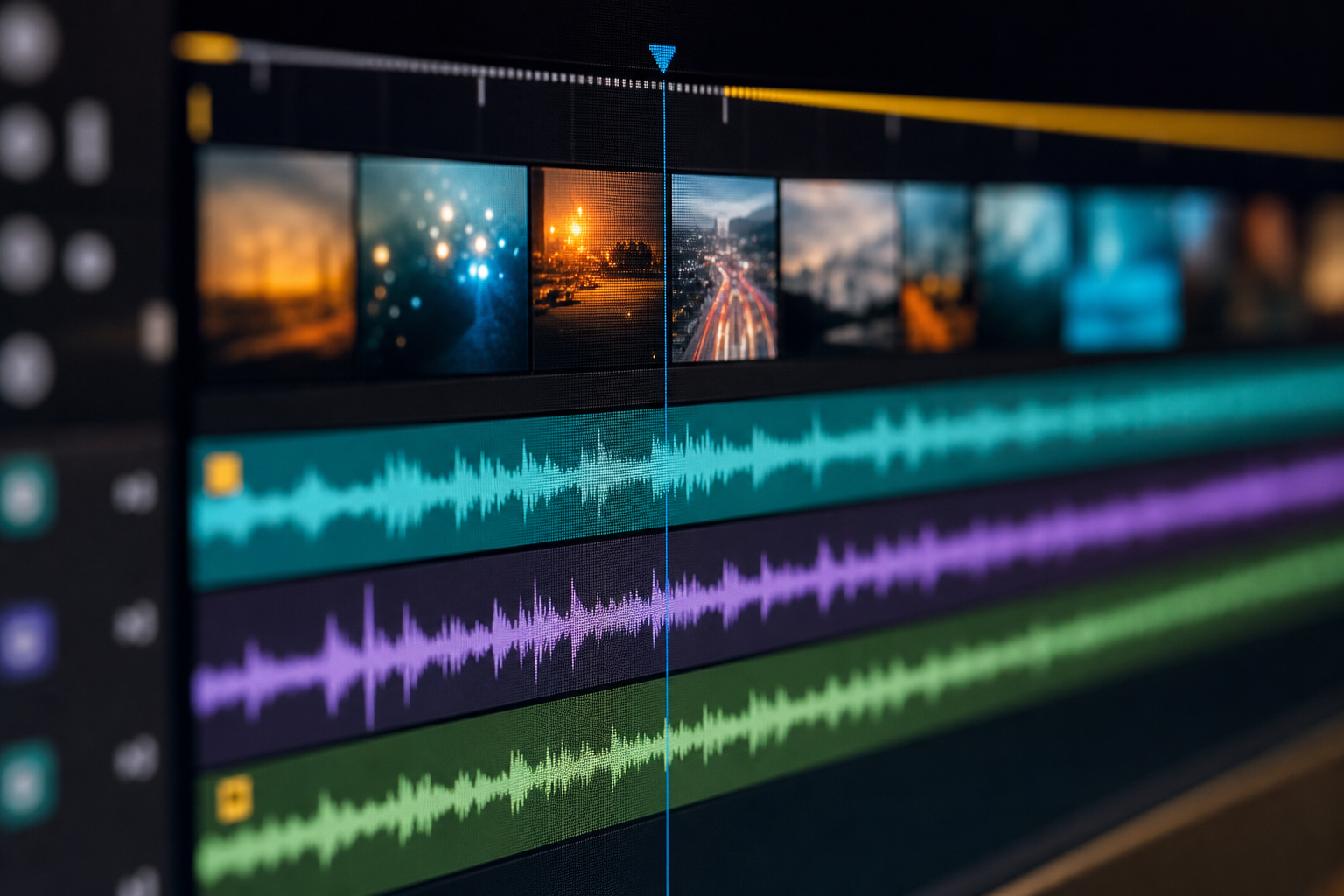 Timeline di montaggio video con waveform audio e clip multiple