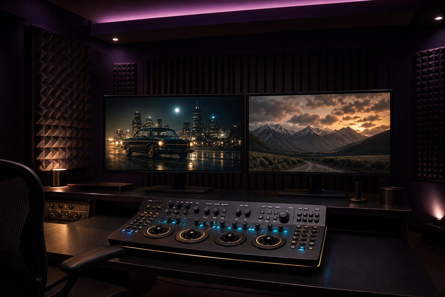Sala di post-produzione con monitor broadcast e pannello di color grading