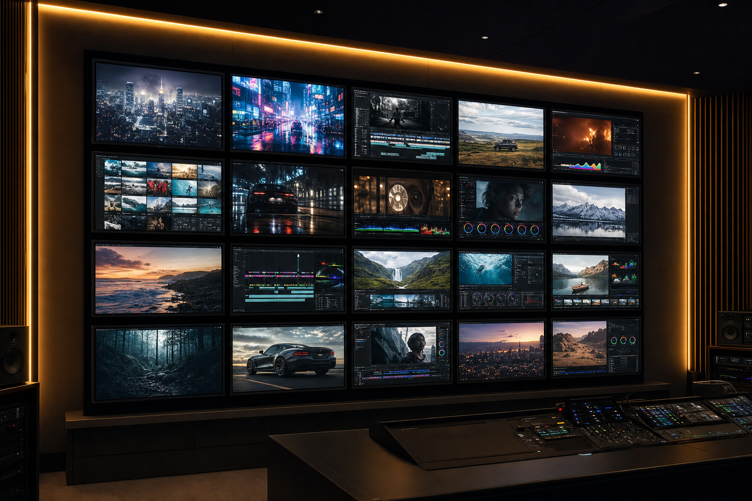 Parete di monitor con reel di progetti clienti in studio