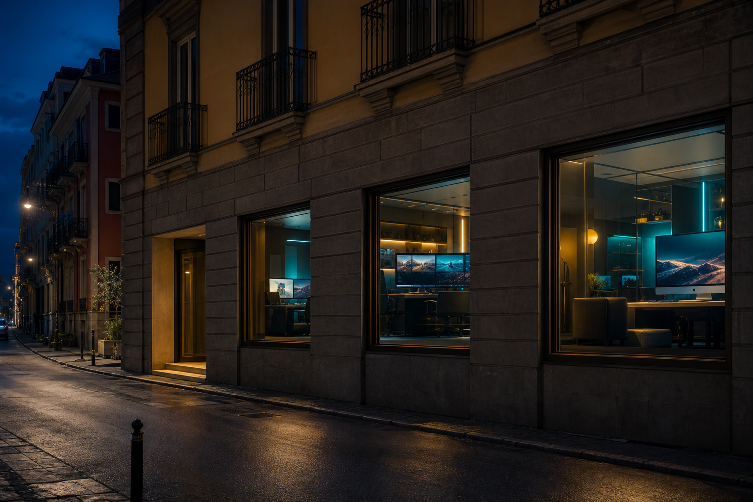 Studio di montaggio video di notte illuminato dagli schermi