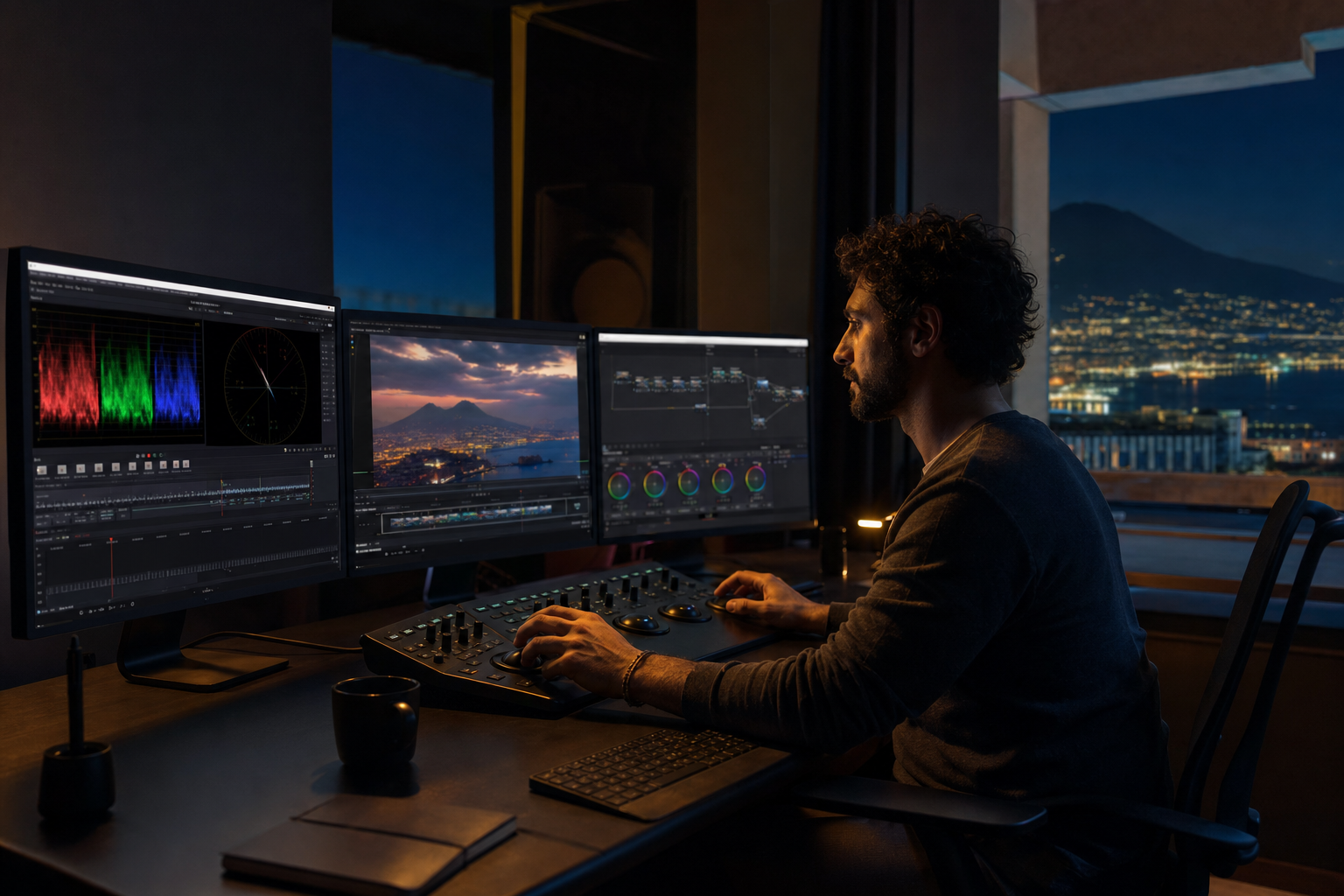 Editor al lavoro su una postazione multi-monitor per color grading a Napoli